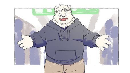 anthro bottomwear clothing eyes_closed hoodie kemono male open_mouth overweight overweight_male pants solo_focus standing topwear inunoshippo canid canine canis domestic_dog mammal 16:9 2026 hi_res widescreen