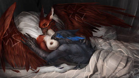 anthro beak bed bedding blanket cuddling duo feathers female fur furniture hand_holding male male/female wings drawing_sofa capcom monster_hunter mythology fear_(terrorwing) vayhl'ayne_(vahlyance) avian flying_wyvern gryphon mythological_avian mythological_creature nargacuga 16:9 absurd_res hi_res widescreen
