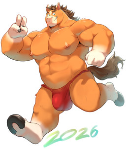 4_fingers anthro asian_clothing barazoku biceps big_muscles brown_hair bulge clothing deltoids east_asian_clothing fingers fundoshi fur gesture hair hand_gesture hooves huge_muscles japanese_clothing male muscular muscular_male orange_body orange_fur pecs red_clothing red_fundoshi red_underwear running simple_background solo tail underwear unguligrade v_sign white_background o-ro chinese_zodiac year_of_the_horse equid equine horse mammal 2026 hi_res