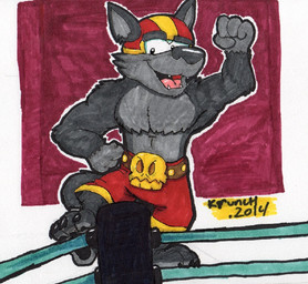 anthro belt bone bottomwear claws clothed clothing feet fighting_ring fur grey_body grey_fur looking_at_viewer male mask muscular muscular_anthro muscular_male open_mouth shorts skull skull_accessory smile solo sports_mask sportswear topless wrestler wrestling wrestling_clothing wrestling_mask wrestling_outfit krunchycroc lobodestroyo mutt_(lobodestroyo) canid canine canis mammal wolf 2014 marker_(artwork) traditional_media_(artwork)