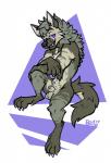 animal_genitalia anthro balls blue_eyes brown_body brown_fur digitigrade fur genitals grey_body grey_fur male purple_eyes sheath smile solo buyo_(artist) adrian_(sootsky) hyena mammal striped_hyena