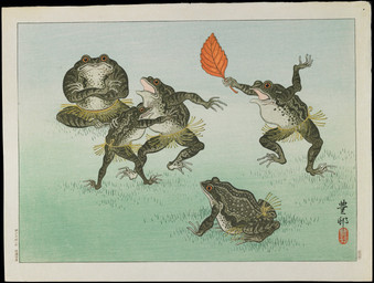 ambiguous_feral ambiguous_gender bottomwear cjk_character clothed clothed_feral clothing crossed_arms feral fight grass group holding_leaf holding_object leaf markings on_hind_legs plant quadruped simple_background sitting skirt spots spotted_body spotted_skin standing text wrestling ohara_koson public_domain amphibian frog 20th_century absurd_res ancient_art hi_res japanese_text traditional_media_(artwork)