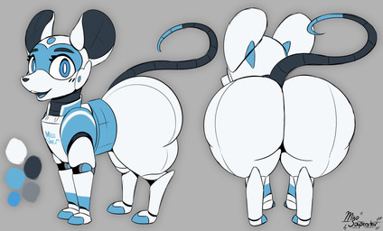 big_butt black_body black_inner_ear blue_body blue_eyes blue_tongue buckteeth butt color_swatch facial_markings feet female feral head_markings huge_butt looking_at_viewer machine markings mask_(marking) metallic_body multiple_angles open_mouth presenting presenting_hindquarters pupils rear_view side_view smile solo teeth toeless_(marking) tongue white_body white_pupils miso_souperstar mammal mouse murid murine robot rodent 2023 absurd_res digital_media_(artwork) hi_res model_sheet