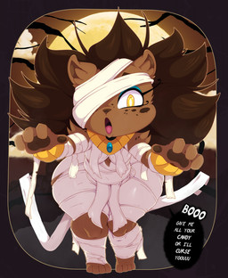 anthro bandage big_butt biped butt clothed clothing dialogue exposure_variation female fingers freckled_face freckled_shoulders freckles front_view fur hair holidays loli looking_at_viewer open_mouth pupils simple_background solo speech_bubble standing text thick_thighs wide_hips young bigdon1992 halloween mila_thornmier mammal porcupine rodent absurd_res digital_drawing_(artwork) digital_media_(artwork) english_text hi_res
