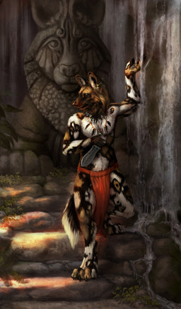 4_toes 5_fingers anthro barefoot biped clothed clothing dagger day detailed_background digitigrade ear_piercing feet fingers holding_object holding_weapon male melee_weapon outside piercing solo standing toes topless tribal water waterfall weapon wolnir african_wild_dog canid canine mammal hi_res