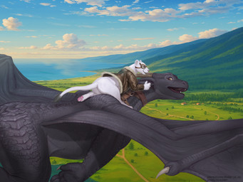 ambiguous_gender butt claws clothed clothed_ambiguous clothed_feral clothing day duo feet feral flying fur horn outside paws scales sky smile tail teeth toes tongue wings conditional_dnp kodardragon mythology dragon felid feline mammal mythological_creature mythological_scalie scalie 2026 4:3 digital_drawing_(artwork) digital_media_(artwork) hi_res