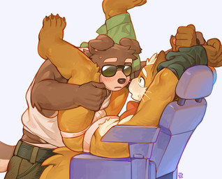 anthro belt blush bottomwear bulge chair clothing duo eye_contact floppy_ears furniture jockstrap kerchief legs_up looking_at_another male male/male neckerchief neckwear on_chair pants shirt tank_top topwear underwear whiskers art_uza nintendo star_fox bill_grey fox_mccloud canid canine canis domestic_dog fox mammal absurd_res hi_res