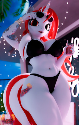 anthro beverage bikini bikini_bottom bikini_top black_bikini black_bikini_bottom black_bikini_top black_clothing black_eyeliner black_swimwear bracelet breasts clothing cutie_mark drinking_straw eyelashes eyeliner eyewear eyewear_on_head female glass_tumbler hair horn jewelry lips lipstick makeup multicolored_hair navel navel_piercing notched_ear piercing red_eyes red_hair red_lips red_lipstick solo sunglasses sunglasses_on_head swimwear tattoo thick_thighs two-piece_swimsuit two_tone_hair wearing_sunglasses white_hair wide_hips loveslove hasbro my_little_pony mythology fan_character lovers_(oc) bat_pony equid equine hybrid mammal mythological_creature mythological_equine unicorn 3d_(artwork) absurd_res digital_media_(artwork) hi_res