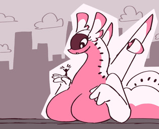 ambiguous_gender ambiguous_human anthro back_wings big_breasts breast_squish breasts butt city city_background duo ears_back eyelashes female female/ambiguous female_anthro holding_person human_on_anthro interspecies larger_anthro larger_female long_neck looking_at_another lying macro multicolored_body on_front pink_body pivoted_ears size_difference smaller_ambiguous smaller_human squish tail white_body wings huniluxe airplane_dragon human mammal 2025 hi_res redraw