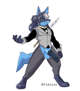 animal_genitalia animal_penis anthro balls bared_fangs bared_teeth black_clothing black_penis blue_balls canine_genitalia canine_penis clothed clothing erection exposed genitals grey_clothing grey_hair hair knot knotted_penis looking_at_viewer male melee_weapon multicolored_hair partially_clothed penis sheath simple_background solo sword sword_on_back teeth two_tone_hair weapon white_background lucario_suki nintendo pokemon generation_4_pokemon lucario pokemon_(species) absurd_res hi_res