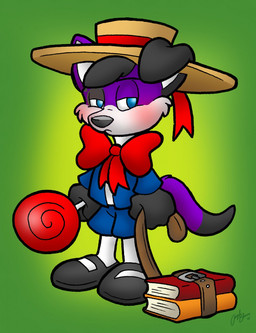 anthro belt blush book candy clothing dessert embarrassed food hat headgear headwear lollipop male ribbons school school_uniform solo straw_hat uniform angel_blanco pawalo canid canine canis domestic_dog elkhound mammal spitz hi_res