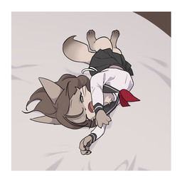 anthro asian_clothing bed_sheet bedding black_bottomwear black_clothing black_skirt border bottomwear bow_tie brown_ears brown_hair brown_tail_tip clothing dipstick_tail east_asian_clothing female fur grey_eyes hair japanese_clothing japanese_school_uniform kemono markings no_shoes open_mouth red_bow_tie school_uniform serafuku skirt solo stretching tail tail_markings tan_body tan_fur tired uniform whiskers white_blouse white_border yawn young yeeny felid feline mammal 1:1 hi_res