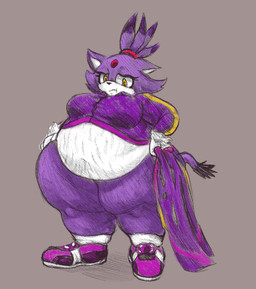 accessory anthro belly big_belly biped bottomwear breasts clothed clothing exposed_belly eyelashes female footwear frown fur grey_background hair hair_accessory hair_tie hand_on_hip huge_hips huge_thighs jacket looking_at_viewer multicolored_body multicolored_fur narrowed_eyes navel obese obese_anthro obese_female overweight overweight_anthro overweight_female pants pouting purple_body purple_bottomwear purple_clothing purple_fur purple_hair purple_jacket purple_pants purple_topwear sash shoes simple_background sneakers solo standing stretch_marks tail thick_thighs three-quarter_view tied_hair topwear two_tone_body two_tone_fur white_body white_fur wide_hips yellow_eyes kirbchub sega sonic_the_hedgehog_(series) blaze_the_cat domestic_cat felid feline felis mammal 2025 digital_drawing_(artwork) digital_media_(artwork) full-length_portrait portrait