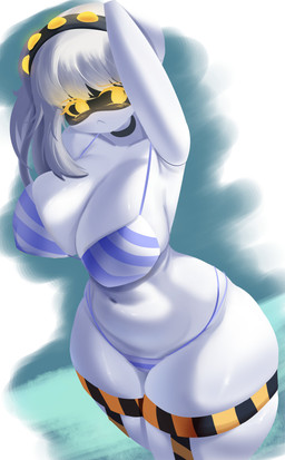 anthro big_breasts bikini blush breasts clothing female looking_at_viewer machine pose solo solo_focus solo_in_panel swimwear thick_thighs two-piece_swimsuit water alaki_zezo glitch_productions murder_drones j_(murder_drones) robot robot_anthro absurd_res hi_res pinup