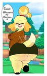 anthro biped blurred_background blush bodily_fluids bottomwear breasts butt clothed clothing dialogue female fur hair no_underwear open_mouth outside shirt skirt smile solo speech_bubble sweat text thick_thighs three-quarter_view topwear yellow_body yellow_fur undeadzonk animal_crossing nintendo isabelle_(animal_crossing) canid canine canis domestic_dog mammal shih_tzu toy_dog absurd_res hi_res