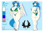 anthro athletic back_tattoo big_breasts bikini bikini_bottom bikini_top blue_eyes blue_hair blue_tail breasts butt cleavage clothed clothing curvy_figure eyelashes feathers female grey_hooves hair hooves horn navel pink_ears smug_face solo swimwear tail tattoo thick_thighs tramp_stamp two-piece_swimsuit unicorn_horn white_body white_feathers wide_hips wings tacticalfur mythology zephyr_de_luca_(whitetail-designs) equid equine mammal mythological_creature mythological_equine winged_unicorn hi_res model_sheet