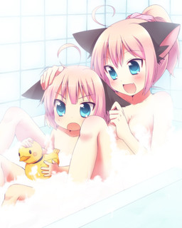 assisted_bathing bath blue_eyes duo female hair pink_hair rubber_duck water young usashiro_mani animal_humanoid cat_humanoid felid felid_humanoid feline feline_humanoid humanoid mammal mammal_humanoid 4:5