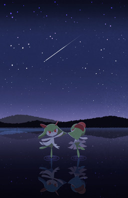 ambiguous_gender blue_pseudo_hair duo green_pseudo_hair night open_mouth orange_eyes pseudo_hair red_eyes reflection shooting_star star text white_body amazora_owl_02 nintendo pokemon generation_3_pokemon humanoid kirlia pokemon_(species) shiny_pokemon 2026 absurd_res english_text hi_res