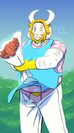 abs anthro apron beard blonde_hair bouquet clothed clothing facial_hair flower flower_shirt furry_arms hair horn long_ears male muscular muscular_male pink_clothing pink_underwear plant pubes solo underwear nestor_forth undertale_(series) asgore_dreemurr bovid caprine goat mammal absurd_res hi_res