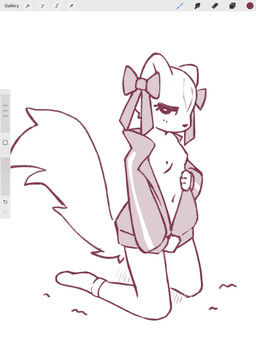 accessory anthro bottomless bow_ribbon breasts clothed clothing female fluffy fluffy_tail footwear hair_accessory half-closed_eyes jacket jacket_only kneeling looking_at_viewer narrowed_eyes navel nipples no_bra no_underwear small_breasts socks solo tail topwear topwear_only undressing rolo_stuff aggretsuko sanrio shikabane_(aggretsuko) mammal mephitid skunk absurd_res hi_res