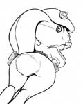 anthro belt beret butt clothing female hat headgear headwear holding_chin holidays looking_at_viewer looking_back lying military on_front pose scut_tail short_tail smile soldier solo tail warrior saransaran easter hop_(movie) illumination_entertainment pink_berets lagomorph leporid mammal rabbit 2019 digital_media_(artwork) monochrome