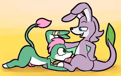all_fours anthro anthro_on_anthro anthro_penetrated anthro_penetrating anthro_penetrating_anthro black_nose blue_eyes blue_pupils blush claws collar cute_fangs duo ear_wraps erection eye_contact fangs fur genitals glans gradient_background green_body green_collar green_eyes green_fur green_pupils hair humanoid_genitalia humanoid_penis leaf leaf_tail looking_at_another looking_down looking_up male male/male male_penetrated male_penetrating male_penetrating_male penetration penis pink_body pink_fur pink_glans pink_hair pink_penis pupils purple_hair sex side_view simple_background sitting smile tail tail_tuft teeth toe_claws tuft white_body white_claws white_fur white_inner_ear yellow_background ultilix etyenne_lunegerie sephis_aircetlan goldyura unknown_species