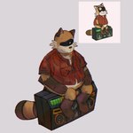 anthro belly bottomless brown_body brown_fur clothed clothing dress_shirt fur male mature_male one_eye_closed shirt sitting slightly_chubby smile solo stereo topwear wink hxboox03 robot_dreams rascal_(robot_dreams) mammal procyonid raccoon hi_res