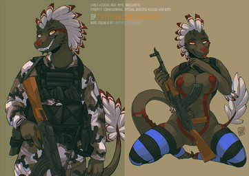 abs anthro barrel big_breasts breasts bulletproof claws clothing feathers female gun holding_gun holding_object holding_ranged_weapon holding_rifle holding_weapon legwear military muscular muscular_anthro muscular_female nipples non-mammal_breasts non-mammal_nipples ranged_weapon rifle rifle_sling sickle_claw solo stockings toe_claws topwear underwear vest weapon jeanwoof avian dinosaur dromaeosaurid feathered_dinosaur feathered_scalie prehistoric_species reptile saurischian scalie theropod