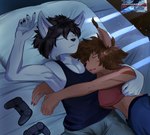 anthro bed bed_sheet bedding bedroom black_clothing black_hair black_shirt black_tank_top black_topwear brown_body brown_fur brown_hair clothing controller controller_on_bed cuddling duo eyes_closed female fur furniture grey_body grey_fur hair hand_on_belly head_on_chest hug hugging_another lying lying_on_bed male male/female mouth_closed muscular muscular_anthro muscular_male night on_bed open_mouth red_clothing red_shirt red_tank_top red_topwear shirt sleeping tank_top tongue topwear yuka_koshka naughty_dog sony_corporation sony_interactive_entertainment uncharted lucas_poland yura_the_lynx canid canine canis felid feline lynx mammal wolf hi_res