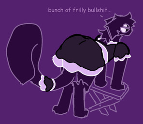 ambiguous_gender anthro clothing dialogue digitigrade fur maid_uniform male monotone_body monotone_fur multi_eye profanity purple_background purple_body purple_fur rear_view simple_background solo step_stool tail text uniform unimpressed something_(artist) something_(something) domestic_cat felid feline felis mammal monster comic_sans