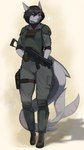 anthro armor black_hair boots clothed clothing combat_boots combat_gear female footwear fully_clothed grey_body grey_skin hair half-closed_eyes narrowed_eyes purple_eyes shoes solo tail thick_tail thick_thighs thigh_strap ump-45 weapon chromakoros natalie_(pipthecowboy) fish marine shark 9:16 hi_res