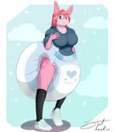 anthro big_diaper clean_diaper clothed clothing diaper female footwear front_view fur hair hoodie legwear looking_at_viewer pantsless pink_body pink_fur print_diaper red_hair shoes sneakers solo standing thigh_highs topwear wearing_diaper steelshark lily_(bunnykisses) lagomorph leporid mammal rabbit absurd_res hi_res