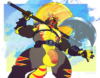 abs abstract_background anthro areola armor armpit_hair axe balls barazoku barbarian battle_axe belt biceps big_balls big_muscles big_penis body_hair border bracers claws cloud day flaccid foreskin fur genitals glans hair harness holding_axe holding_object holding_weapon huge_balls huge_muscles huge_penis humanoid_genitalia humanoid_penis looking_at_viewer low-angle_view male muscular muscular_anthro muscular_male navel nipples nude open_mouth outside pauldron pecs penis serratus simple_background solo spiked_pauldron spikes standing sun sweatdrop_(iconography) teeth thick_arms thick_penis thick_thighs tuft unconvincing_armor unretracted_foreskin vein weapon white_border kihu infernowolf canid canine canis mammal wolf 2025