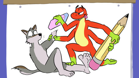 4_arms 4_fingers 4_toes anthro belly bent_leg biped black_eyes black_nose brown_ears casual_exposure cheek_tuft duo eraser erasing facial_tuft feet fingers floating_eyebrows foot_on_another foot_on_leg fur gloves_(marking) green_body green_feet green_hands green_scales grey_belly grey_body grey_fur half-closed_eyes head_tuft holding_eraser holding_object holding_pencil humanoid_feet humanoid_hands humanoid_heel knee_tuft knee_up kneeling leg_markings leg_tuft lines_drawn male markings multi_arm multi_limb multicolored_body multicolored_fur narrowed_eyes nude on_one_knee pencil_(object) plantigrade red_body red_scales scales scarf sitting socks_(marking) soles toes tongue tongue_out toony tuft two_tone_body two_tone_fur white_sclera yellow_belly yellow_scarf hexadoodle hex_(hexadoodle) serling_(serling) amphibian canid canine canis coyote frog mammal 2021 colored digital_drawing_(artwork) digital_media_(artwork) flat_colors hi_res