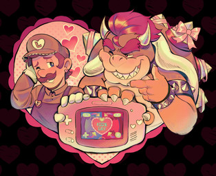2_horns 4_fingers 5_fingers anthro armband bent_arm blue_eyes blush blush_lines bracelet brown_eyebrows brown_facial_hair brown_hair brown_mustache button_(fastener) claws clothed clothed_human clothed_male clothing collar compat-i-com curved_horn duo ear_piercing eye_contact eyebrows facial_hair finger_claws fingers frilly frilly_clothing fully_clothed fully_clothed_human fully_clothed_male gesture gloves green_clothing green_hat green_head green_headwear green_shell green_shirt green_topwear hair half-closed_eyes hand_gesture hand_on_own_head handwear hat headgear headwear heart_ear_piercing heart_symbol holding_game_boy_advance holidays horn interspecies jewelry king larger_anthro larger_male light looking_at_another male male/male male_human multicolored_body multicolored_scales mustache narrowed_eyes number one_eye_closed pattern_background piercing pink_bow pointing pointing_at_another pupils red_eyebrows red_eyes red_hair royalty scales sharp_teeth shell shirt short_hair shy simple_background size_difference smaller_human smaller_male smile smiling_at_another smiling_at_each_other spiked_armband spiked_bracelet spiked_collar spiked_shell spikes spikes_(anatomy) tan_body tan_scales tan_skin teeth text thick_eyebrows toothy_grin topwear white_claws white_clothing white_gloves white_handwear white_horn white_pupils white_spikes yellow_body yellow_scales didy414 game_boy_advance game_boy_family mario_bros mario_party_(series) mario_party_advance nintendo valentine's_day bowser luigi human koopa mammal scalie 2026 absurd_res artist_name colored digital_drawing_(artwork) digital_media_(artwork) english_description hi_res lighting shaded