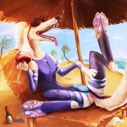 alcohol animal_genitalia animal_penis anus ball_bulge balls beach beach_umbrella beverage bikini bodily_fluids bulge canine_genitalia canine_penis clothing container cup drinking_glass erection eyewear fangs feral footwear fur genitals glass glass_container glass_cup hair legwear light male outside palm_tree palms parasol pawpads paws penis plant ponytail pose purple_pawpads relaxing rock saliva sand sea semi-anthro shell shoreline sky socks solo spreading sun sunglasses sunglasses_on_face sunlight sunset swimwear teeth thigh_highs thong tongue tongue_out tree two-piece_swimsuit underwear water wave white_body white_fur wine wine_bottle wine_glass zipper zipper_down 3rn14 arthropod canid canine canis crab crustacean decapod domestic_dog malacostracan mammal 1:1 hi_res