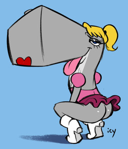 anthro bedroom_eyes blonde_hair blue_background boots bottomwear butt clothed clothing crouching female footwear hair looking_at_viewer looking_back narrowed_eyes no_underwear ponytail seductive shoes simple_background skirt solo tongue tongue_out upskirt iseenudepeople nickelodeon spongebob_squarepants pearl_krabs aquatic cetacean mammal physeteroid sperm_whale toothed_whale whale absurd_res hi_res