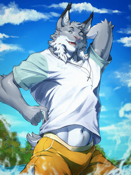 5_fingers anthro athletic belly_tuft biped black_body black_ear_tips black_fur blue_eyes blue_sky cheek_tuft chest_tuft claws clothed clothing cloud countershade_arms countershade_face countershade_fur countershade_tail countershade_torso countershading cross cross_necklace detailed_background dipstick_ears ear_markings eyebrows facial_tuft fangs finger_claws fingers fluffy fluffy_tail front_view fully_clothed fur green_clothing green_shirt green_topwear grey_body grey_ears grey_fur grey_tail hand_behind_head head_tuft humanoid_hands inner_ear_fluff jewelry jumping looking_at_viewer male multicolored_body multicolored_clothing multicolored_ears multicolored_fur multicolored_shirt multicolored_swimwear multicolored_topwear navel neck_tuft necklace open_mouth open_smile outside partially_submerged pawpads pink_nose pink_pawpads pockets pointy_ears prick_ears shirt short_tail sky smile solo splash swimming_trunks swimwear tail teeth tongue_showing topwear tuft two_tone_clothing two_tone_shirt two_tone_swimming_trunks two_tone_swimwear two_tone_tail two_tone_topwear water white_body white_claws white_clothing white_fur white_inner_ear white_inner_ear_fluff white_shirt white_tail white_topwear yellow_clothing yellow_swimming_trunks yellow_swimwear purtropos echo_(game) echo_(series) echo_project tj_hess canada_lynx felid feline lynx mammal 2026 3:4 digital_media_(artwork) hi_res portrait signature three-quarter_portrait