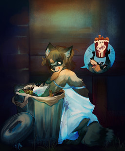 brick_wall brown_hair chicken_meat clothing dress female food grass hair meat one_eye_closed outside plant shrinking size_transformation smile solo species_transformation tongue tongue_out transformation trash trash_can wall_(structure) nakitacat human mammal procyonid raccoon 2021 hi_res
