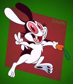 anthro black_body black_ears black_fur black_tail carrot fangs food fur gesture hand_gesture holding_carrot holding_food holding_object holding_vegetable long_ears looking_at_viewer male multicolored_body multicolored_fur pink_sclera plant pose red_eyes scut_tail sharp_teeth short_tail smile solo tail teeth text three-quarter_view tongue toony two_tone_body two_tone_fur two_tone_tail v_sign vegetable white_body white_fur white_nose white_tail gavanzude bunnicula_(series) bunnicula lagomorph leporid mammal rabbit vampire 2023 artist_name digital_media_(artwork) hi_res