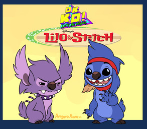 3_toes 4_fingers accessory alternate_species ambiguous_gender back_spines black_eyes blue_body blue_fur brown_claws brown_nose claws collar duo fangs feet fingers fur gesture grumpy happy headband logo looking_at_viewer open_mouth open_smile purple_body purple_fur simple_background smile spiked_collar spikes standing teeth toes waving yellow_background angoraram cartoon_network disney lilo_and_stitch ok_k.o.!_let's_be_heroes kaio_kincaid turbo_k.o. alien experiment_(lilo_and_stitch) 2018 alpha_channel crossover digital_drawing_(artwork) digital_media_(artwork) signature