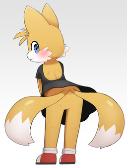 2_tails anthro black_clothing black_dress blue_eyes blush butt clothed clothing crossdressing crossdressing_male dress featureless_butt featureless_crotch femboy fur looking_at_viewer looking_back looking_back_at_viewer male multi_tail multicolored_body multicolored_fur rear_view solo tail two_tone_body two_tone_fur two_tone_tail white_body white_fur white_tail young young_anthro young_male sum sega sonic_the_hedgehog_(series) miles_prower canid canine fox mammal hi_res