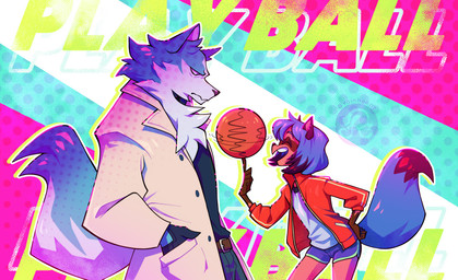 5_fingers anthro basketball belt black_hair blue_body blue_fur blue_hair brown_body brown_fur chest_tuft clothed clothing duo eyes_closed female fingers fluffy fluffy_tail fully_clothed fur gloves hair handwear holding_object jacket male open_mouth short_hair tail text topwear tuft white_body white_fur rainboopz brand_new_animal studio_trigger michiru_kagemori shirou_ogami canid canine canis mammal raccoon_dog tanuki wolf english_text