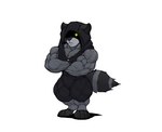 anthro biceps big_muscles crossed_arms glowing glowing_eyes male muscular muscular_legs muscular_male pecs simple_background sleeveless_hoodie white_background kheel mammal procyonid raccoon