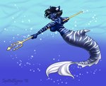 2018 anthro black_hair blue_body bubble dated dorsal_fin fangs felid female fin frill_(anatomy) fur green_eyes hair herm_(lore) holding_melee_weapon holding_object holding_polearm holding_trident holding_weapon hybrid looking_at_viewer mammal marine melee_weapon merfolk nude open_mouth open_smile polearm signature smile solo split_form striped_arms striped_back striped_body striped_fur stripes tail tail_frill teeth tiggybloom trident underwater water weapon