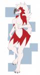 2018 absurd_res anthro anthrofied breasts canid canine claws digitigrade featureless_breasts female fur generation_7_pokemon hi_res lycanroc mammal midnight_lycanroc multicolored_body multicolored_fur navel nintendo pokemon pokemon_(species) red_body red_eyes red_fur simple_background solo white_body white_fur xan_(pixiv)