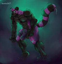 2_penises 5_fingers anthro balls black_body bodily_fluids claws corruption drooling fingers first_person_view fur genital_fluids genitals glowing glowing_eyes hair male multi_eye multi_genitalia multi_mouth multi_penis multicolored_body multicolored_eyes multicolored_fur muscular muscular_anthro muscular_male penis precum purple_hair rainbow_eyes saliva solo tail tail_mouth two_tone_body two_tone_fur unusual_anatomy unusual_tail kento267 steele_(steeleandcompany) mammal procyonid raccoon absurd_res hi_res