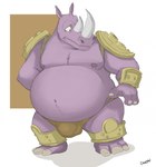 3_toes anthro arm_armor belly big_belly bulge clothing ears_up facial_horn feet horn leg_armor male mouth_closed navel nipple_piercing nipples nose_horn obese obese_anthro obese_male overweight overweight_anthro overweight_male piercing purple_body shoulder_pads solo thong toes underwear wide_eyed canson altered_beast disney sega wreck-it_ralph neff_(altered_beast) van_vader mammal rhinoceros 2019 colored hi_res shaded signature