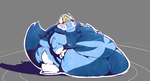 ambiguous_gender anthro belly belly_overhang blue_body blue_markings brush brushing cape chubby_cheeks clothing crown fin hand_on_belly headgear horn markings moobs morbidly_obese navel obese overweight solo thick_thighs actualblueblu fakemon swimce_(fakemon) fish marine hi_res