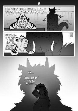 anthro bodily_fluids body_hair clothed clothing dialogue duo happy_trail horn looming male male/male muscular nipples shadow shaking shivering simple_background tail tears text tusks picantetortuga mythology darius_(picantetortuga) juno_(picantetortuga) canid canine demon felid mammal mythological_canine mythological_creature pantherine tiger werecanid werecanine werecreature absurd_res comic digital_media_(artwork) english_text hi_res monochrome